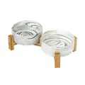 Gamelles doubles en céramique à motif marbré avec support surélevé en bambou naturel - Support Double Bol en Bois Surélevé / Motif de Marbre Gris (13cm/400ml)