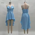 Front and back views showing light blue ruffled high-low dress with spaghetti straps - S / Dresses / Blue