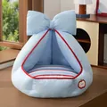 Cama para gatos semicerrada de color azul claro con un gran lazo y cojín a rayas - Rayas Azules / Adecuado para mascotas de menos de 4kg / M-43*43*31cm