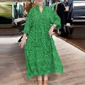 Detailed view of a green printed loose maxi dress with long sleeves for women. - 3XL / Dresses / Green