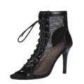 Elegant black mesh peep-toe stiletto ankle boots with front lace-up detail for women - 35 / Black