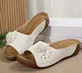 Elegant white wedge sandals for women with large flower decoration and peep toe - White
