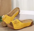 Elegant yellow wedge sandals with 3D decorative flowers and open-toe peep-toe design - Yellow