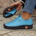 Mocassins plats à lacets en cuir souple bleu clair pour femmes avec semelles flexibles - 35 / Bleu ciel