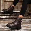 Retro dark brown lace-up biker boots for women with three buckles and thick sole - 38 / 3-Buckle Dark Brown