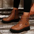 Stylish brown women's combat boots with decorative buckles and chunky platform soles. - 38 / 3-Buckle Yellow
