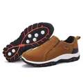 Detailed view of brown suede outdoor casual men's shoes with non-slip rubber soles - 38 / Brown