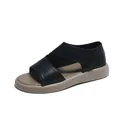 Sandalias de mujer en cuero negro con suela de plataforma beige y cierre velcro - 35 / Negro