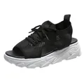 Detailed side view of black fly-knit platform sandals featuring a lace-up open-toe design - 35 / Black