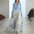 Elegant V-neck long sleeve maxi dress featuring a beautiful blue digital floral print - S / Top And Bottom / Light Blue
