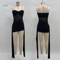 Sleek black mesh panel ruched tube mini dress featuring elegant long side streamers - S / Dresses / Black