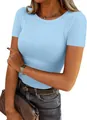 T-shirt femme bleu clair côtelé à manches courtes, col rond et coupe ajustée extensible - Bleu clair
