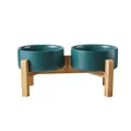 Eleganti ciotole doppie per gatti in ceramica verde scuro con supporto in legno di bambù rialzato - Piccolo (13CM) / Set Supporto Doppio in Legno / Verde