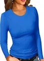 Dettaglio della maglia a maniche lunghe in modal a coste blu con scollo a girocollo da donna. - Taglia S / Top / Blu zaffiro