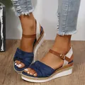 Stylish casual women's wedge sandals with a blue suede bow and a rope platform sole - 36 / Blue