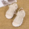 Close-up view of beige fly-knit fish mouth platform sandals with casual lace-up design - 36 / Beige