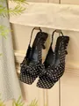 Elegant black polka dot slingback high heels featuring a stylish decorative front bow. - 35 / Black Polka Dot