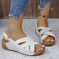 Stylish white wedge sandals for women featuring platform soles and criss-cross buckle straps - 36 / Gray