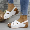 Comfortable white summer platform wedge sandals with cross-strap and peep toe design - 36 / White