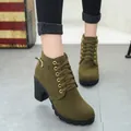 Olive green lace-up ankle boots with chunky block heel and buckle detail for women - 35 / Green