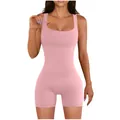 Front view of a pink square neck sleeveless slim fit yoga bodysuit romper for women - S / Top And Bottom / Pink