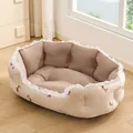 Soft beige plush pet bed sofa with lace trim and cute cartoon dog patterns for dogs - L (63*47*19CM) / Coffee Dog