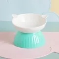 Gamelle chat céramique inclinée avec base haute turquoise pour protection cervicale - Style Oreille de Chat Pied Haut / Blanc + Vert