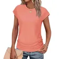 Détail du côté froncé élégant et des manches courtes sur ce t-shirt corail à col rond. - Corail