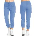 Detailed view of light blue women's cargo pants with elastic drawstring waist and side pockets - S / Bottoms / Denim Blue