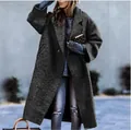 Elegant dark grey long woolen coat for women in casual outdoor street style look - S / Top (155) / Black
