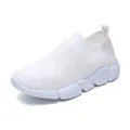 White fly-knit slip-on sneakers for women with breathable mesh and chunky sole design - 36 / White