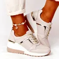 Women's beige platform wedge sneakers with gold metallic accents and lace-up design - 36 / Tan