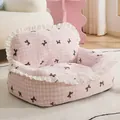 Roze geruit huisdier slaapbank met ruches en strikpatronen voor honden en voor katten - Roze Ruitjes Kant Stijl / S (45x35cm) / Roze