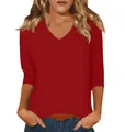 Detailed front view of a women's casual red V-neck T-shirt with comfortable 3/4 sleeves. - Red