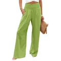 Detail view of women's lime green loose high waist wide leg casual trousers - Green