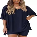Detailed view of women's casual navy blue V-neck T-shirt and shorts lounge set - S / Top And Bottom / Navy Blue