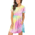 Lässiges Damen-Kurzarmkleid mit Batik-Muster, Rundhalsausschnitt und Seitentaschen - S / Kleider / Gelb-Rosa