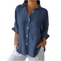 Detailed view of casual blue cotton linen button-down shirt with chest pocket for women - S / Tops / Navy Blue