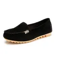 Classic black suede flat loafer shoes with a metal buckle and rubber nubbed sole - 35 / Black