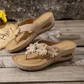 Comfortable khaki wedge flip-flops with decorative leather flowers and rhinestones - 36 / Khaki