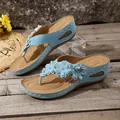 Elegant light blue wedge flip-flops with three-dimensional floral decorations for women. - 36 / Sky Blue