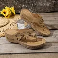 Stylish khaki wedge thong sandals with floral accents and sparkling rhinestones - 36 / Brown