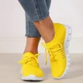 Leuchtend gelbe atmungsaktive Fly-Knit Mesh Sneaker für Damen mit Plateau-Sohle - 35 / Gelb