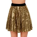 Detailed view of high waist gold sequin pleated mini skirt featuring black elastic waistband - S / Bottoms / Rose Gold