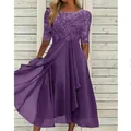 Detailed view of purple chiffon bridesmaid dress with elegant lace embroidery bodice. - 3XL / Dresses / Purple