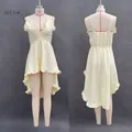 Sexy yellow high-low ruffled camisole dress with irregular hem shown in front and back view - S / Dresses / Yellow