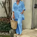 Casual blue long sleeve shirt and wide-leg trousers two-piece set for women fashion - S / Top And Bottom / Blue