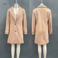 Front and back view of a classic camel mid-length lapel woolen coat for women - 3XL / Tops / Camel
