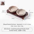 Juego de cuencos dobles de cerámica para mascotas con soporte de madera de acacia - Plato Mediano con Soporte Doble de Bolas