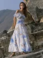 Elegant white off-shoulder floral organza maxi dress with tiered skirt for evening parties - S / Dresses / Blue